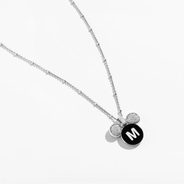 Mickey Alphabet  M  Necklace in Sterling Silver with Black Enamel and 1 10 CT.TW. Diamonds Sale