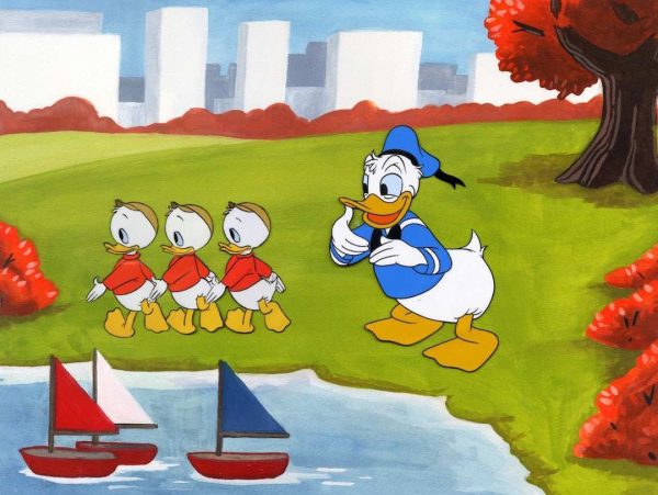 Donald Duck and Nephews Production Cel on Hand-Painted Background Hot on Sale