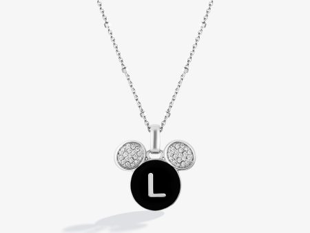 Mickey Alphabet  L  Necklace in Sterling Silver with Black Enamel and 1 10 CT.TW. Diamonds on Sale