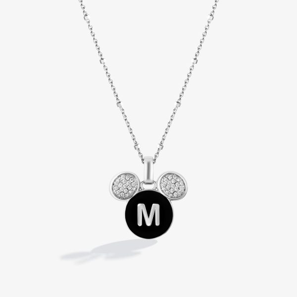 Mickey Alphabet  M  Necklace in Sterling Silver with Black Enamel and 1 10 CT.TW. Diamonds Sale