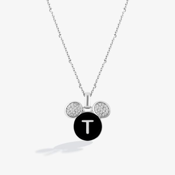 Mickey Alphabet  T  Necklace in Sterling Silver with Black Enamel and 1 10 CT.TW. Diamonds Cheap